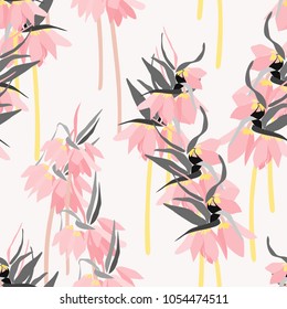 
Floral vector seamless pattern with hand drawn lilies and leaves -  Kaiser's crown flowers. 
