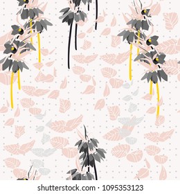 
Floral vector seamless pattern with hand drawn lilies and leaves -  Kaiser's crown flowers. 
