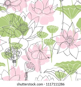 Floral vector  seamless pattern with hand drawn lotus flowers and leaves