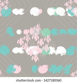 Floral vector seamless pattern with hand drawn stylized flowers, leaves, geometric shapes and abstract paint spots background. 