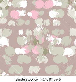 Floral vector seamless pattern with hand drawn stylized flowers, leaves, geometric shapes and abstract paint spots background. 