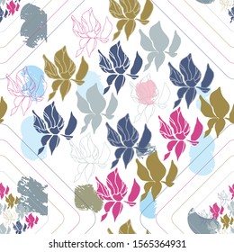 Floral vector seamless pattern with hand drawn stylized flowers, leaves, geometric shapes and abstract paint spots background. 