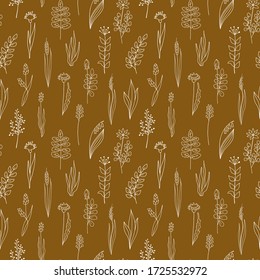 Floral vector seamless pattern. Hand drawn outline golden plants and flowers isolated on brown background. Illustration for wallpaper, textile, wrapping, card, decoration