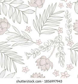 Floral vector  seamless pattern with hand drawn lotus flowers and leaves
