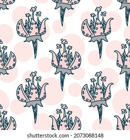 Floral vector seamless pattern in a hand drawn style in ink blue and pastel pink on a white backdrop