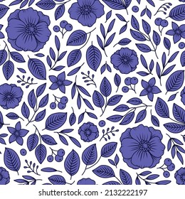 Floral vector seamless pattern. Hand drawn Anemone Flowers and Leaves. Vintage Liberty style fashion print. Scattered Meadow Wildflowers. Very Peri Violet background for textile, fabric, wrap, paper