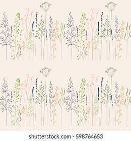 Floral vector seamless pattern with hand drawn  wild flowers, herbs and grasses.Thin delicate lines silhouettes of  shepherds purse, lavender and other plants in pastel colors on beige background 