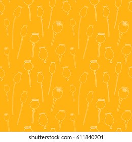 Floral vector seamless pattern with hand drawn poppies -  stems and seed capsules. Thin delicate lines silhouettes of  plants in white on  yellow background .