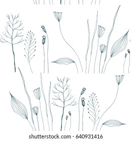 Floral vector seamless pattern and hand drawn stylized wild flowers  herbs  grasses   leaves  Thin delicate lines silhouettes  meadow plants in  blue white background  