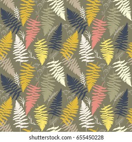 Floral vector seamless pattern with hand drawn wild fern leaves and dill or fennel flowers.