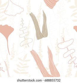 
Floral vector seamless pattern with hand drawn agrimony flowers  and tropical  leaves in pastel colors.
Simple hand drawn leaves and flowers outlines .