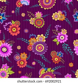 Floral Vector Seamless Pattern. Hand drawn endless vector illustration on dark background. Can be used for wallpaper, website background, textile, greeting cards, wedding invitation, wrapping, books