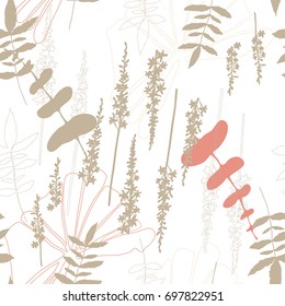 
Floral vector seamless pattern with hand drawn agrimony flowers  and tropical  leaves in pastel colors.
Simple hand drawn leaves and flowers outlines .