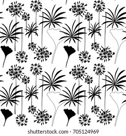 Floral vector seamless pattern with hand drawn african lily flowers and leaves. Simple hand drawn leaves and flowers outlines .