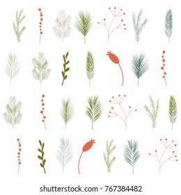 Floral vector seamless pattern with hand drawn pine and fir trees twigs, branches, laurels and berries. Festive winter holidays or christmas background.
