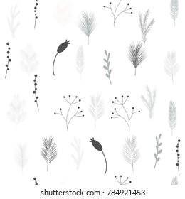 Floral vector seamless pattern with hand drawn pine and fir trees twigs, branches, laurels and berries. Festive winter holidays or christmas background.
