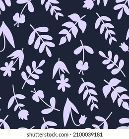 floral vector seamless pattern with hand-drawn flowers and twigs isolated on a purple background. can be used as wallpaper, background, design of packaging paper, textiles, notebooks, clothing.