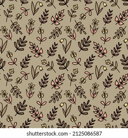 Floral vector seamless pattern with hand-drawn doodle cartoon Flowers and Branches isolated on a brown background. Nature wallpaper, textile print.