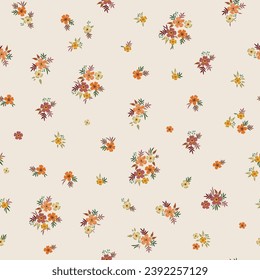 Floral vector seamless pattern, hand-drawn. Small flowers in warm colors. Nostalgic fashion textiles in retro style on a light background.