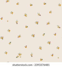 Floral vector seamless pattern, hand-drawn. Very small flowers in warm colors. Nostalgic fashion textiles in retro style on a light background.