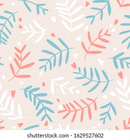 Floral vector seamless pattern with hearts in pastel colors on a beige background. Hand drawn simple doodle illustration. Ideal for textiles, wallpaper, packaging, etc.