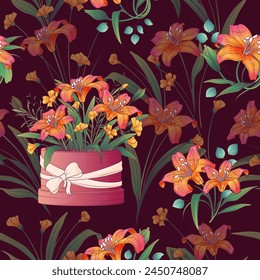 Patrón sin costuras de Vector floral con ilustración de lirios y hojas. Fondo para el diseño de la tela, textil, papel de envoltura. Concepto de tienda de flores.	