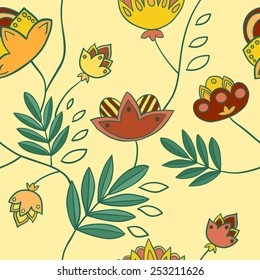 Floral vector seamless pattern with imaginary decorative plants and flowers