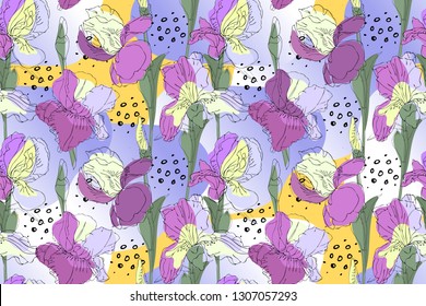 Floral vector seamless pattern. Isolated vector flowers, stems, leaves. Purple, blue and yellow iris flowers (fleur-de-lis) on a pale blue and yellow background.