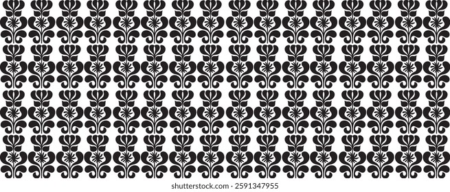 floral Vector seamless pattern with leaves and curls | Seamless black and white vintage floral border | Geometric floral set of seamless patterns. White and black vector backgrounds.