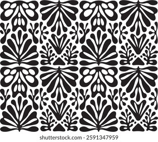 floral Vector seamless pattern with leaves and curls | Seamless black and white vintage floral border | Geometric floral set of seamless patterns. White and black vector backgrounds.
