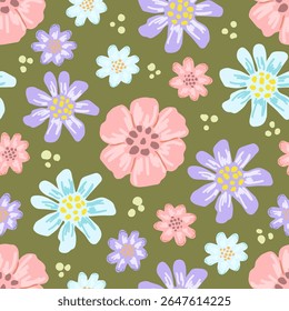 Floral vector seamless pattern. Light delicate pink, blue, purple flowers on a green background. For prints on fabric, textiles, summer clothes.