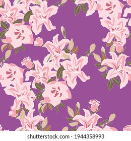 Floral vector seamless pattern with lilies and roses for textiles and wallpaper.