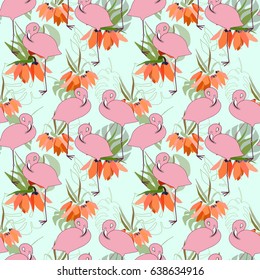 Floral vector seamless pattern with lilies - Kaiser's crown flowers , tropical palm leaves and flamingo birds. Red, orange flowers, green leaves , pink birds on turquoise background.
