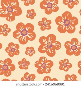 Floral vector seamless pattern. Little peach colored flowers on pastel background. Cute modern abstract flowers drawn with brush texture. Ditsy floral background for textile, fabrics, wallpaper