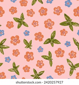 Floral vector seamless pattern. Little peach colored flowers and leaves on pastel pink background. Cute flowers drawn with brush texture. Ditsy floral background for textile, fabrics, wallpaper