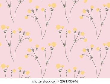 Floral vector seamless pattern with meadow yellow wild flowers. Hand drawn illustration isolated on pink background. For wrapping, fabric, wallpaper.