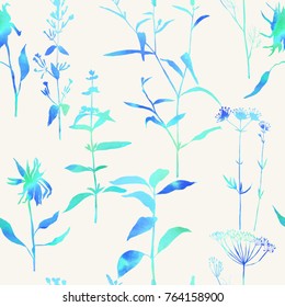 Floral  vector seamless pattern with meadow grasses, herbs and flowers. Hand drawn summer herbs with watercolor texture in blue and green colors.
