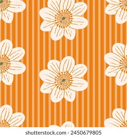 Floral vector seamless pattern. Modern white flowers on bright orange background with stripes. Vibrant summer flowers hand drawn with brush texture. Joyful design for fabrics, wallpaper, print