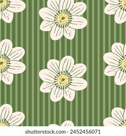 Patrón sin costuras de Vector floral. Flores blancas modernas sobre fondo verde mudo con rayas. Flores escarpadas de verano dibujadas a mano con textura de pincel. Diseño alegre para telas, Fondo de pantalla, estampado