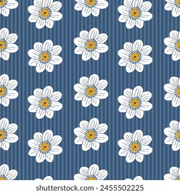 Floral vector seamless pattern. Modern white flowers on blue striped background. Sketchy summer flowers with brush texture and vertical stripes. Joyful repeated design for fabric, wallpaper, wrapping
