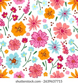 Floral vector seamless pattern. Multicolored flowers on a white background. For fabric prints, textile products, summer clothes.