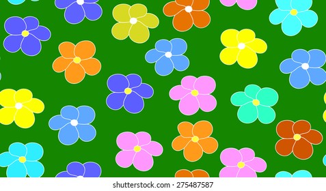 Floral vector seamless pattern with multicolored flowers on a green field background