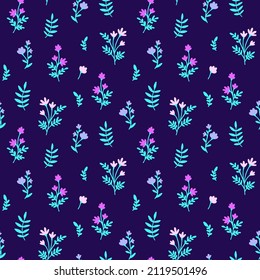 Floral Vector Seamless Pattern with Neon Meadow Flowers. Tiny purple Wildflowers, green leaves on navy blue background. Ditsy style motif, texture for fashion print, fabric, textile, wrapping paper