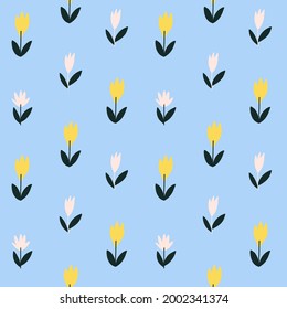 Floral vector seamless pattern on sky blue. Trendy Scandinavian wallpaper for cover, fabric, textile, stationery, wrap, web, wrapper, app. Simple hand-drawn flower ornament. Flat style illustration. 