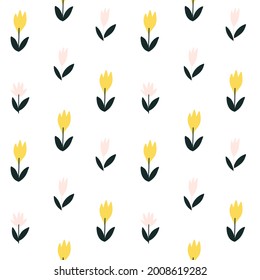 Floral vector seamless pattern on white. Trendy Scandinavian wallpaper for cover, fabric, textile, stationery, wrap, web, wrapper, app. Simple hand-drawn yellow flowers. Flat style illustration. 
