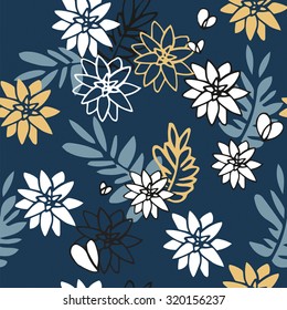 Floral vector seamless pattern on dark blue background