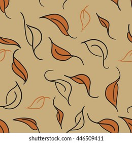 Floral vector seamless pattern with orange graphic leaves on beige background