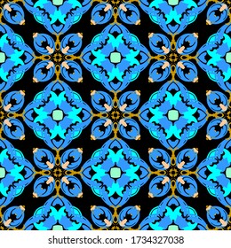 Patrón sin fisuras del vector floral. Fondo ornamental colorido. El estilo étnico florece con adornos. Repetir el fondo con patrones. Flores azules vintage, hojas, líneas, bello diseño floral de elegancia.