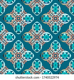 Floral vector seamless pattern. Ornamental geometric ethnic tribal style greek background. Colorful abstract trendy backdrop. Blue modern greek key meanders flowers ornament. Creative elegance design.
