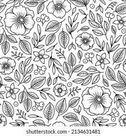 Blumenvektornahtloses Muster. Handgezeichnete Anemonenblumen und -blätter. Weide- und Wiesenblumen. Schwarz-weißer Kunsthintergrund für Modedruck, Textilien, Gewebe, Wrapper, Papier, Färbung
